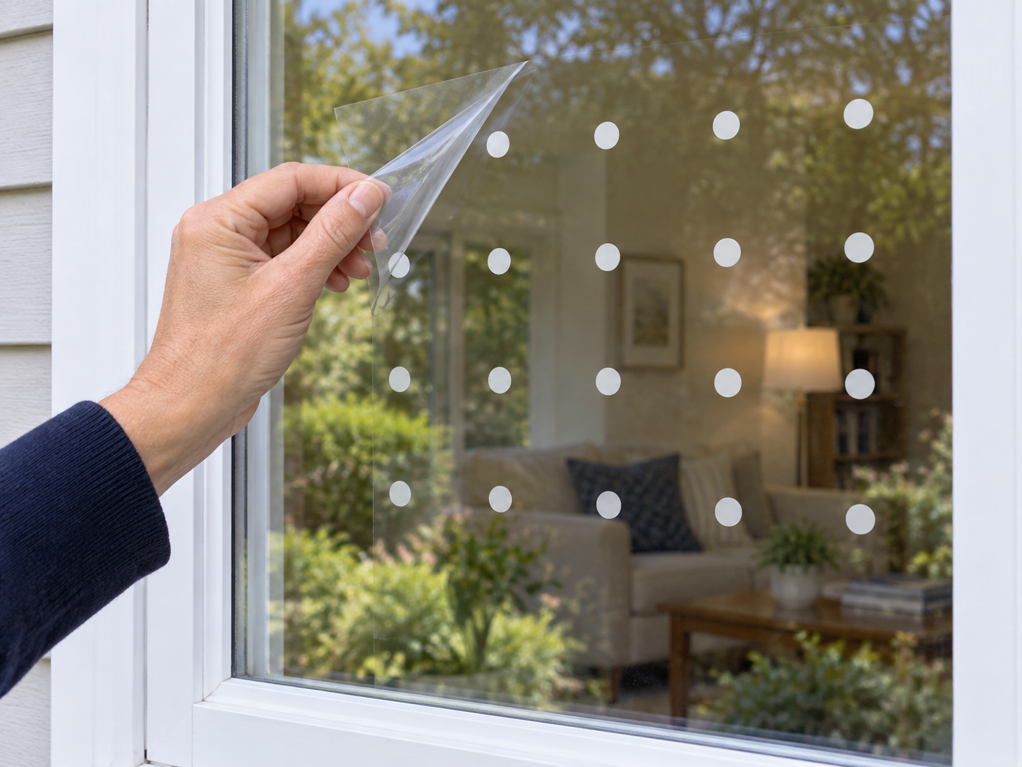 AI illustration of a hand peeling a clear carrier sheet away from a grid of white dots on exterior window glass